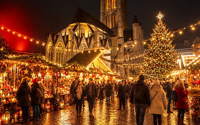 Kerstmarkt in Gent bij avond