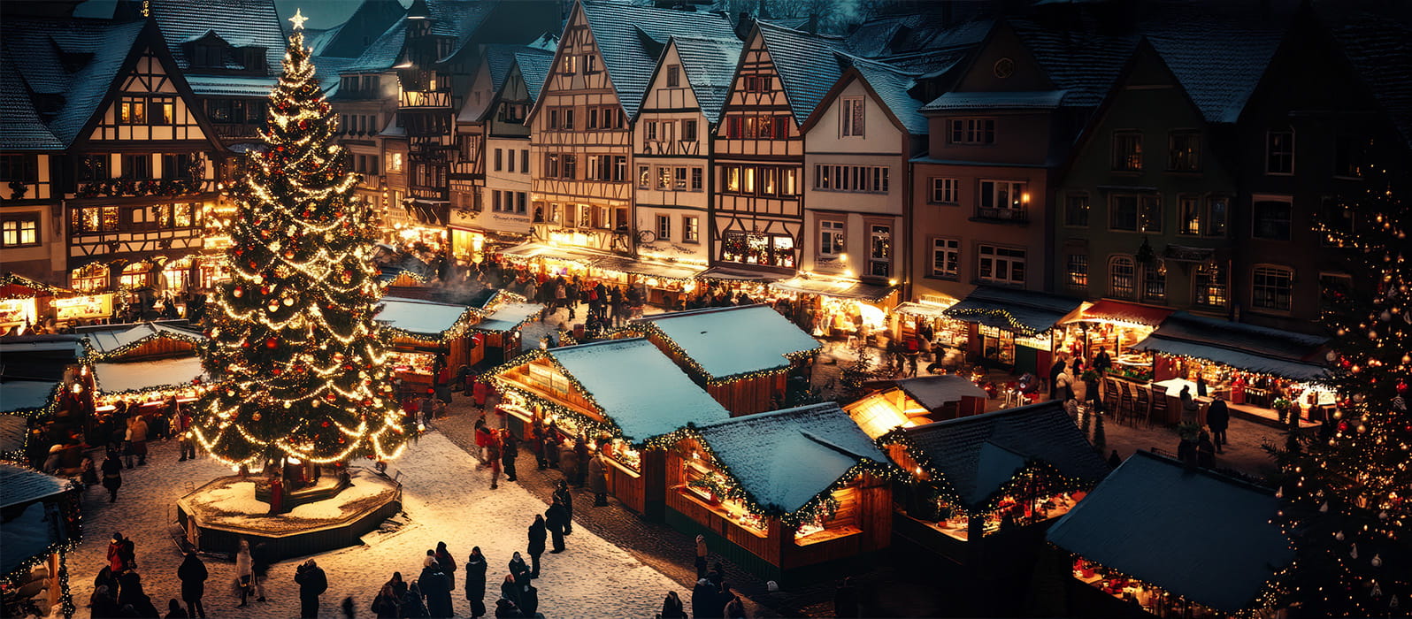 Verlichte kerstmarkt in de avond